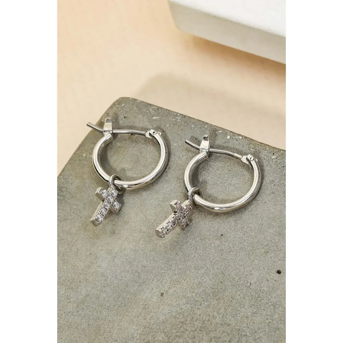 Pave Cross Hoop Huggie Earrings Silver