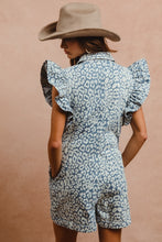Load image into Gallery viewer, Leopard Denim Ruffle Front Zip Romper
