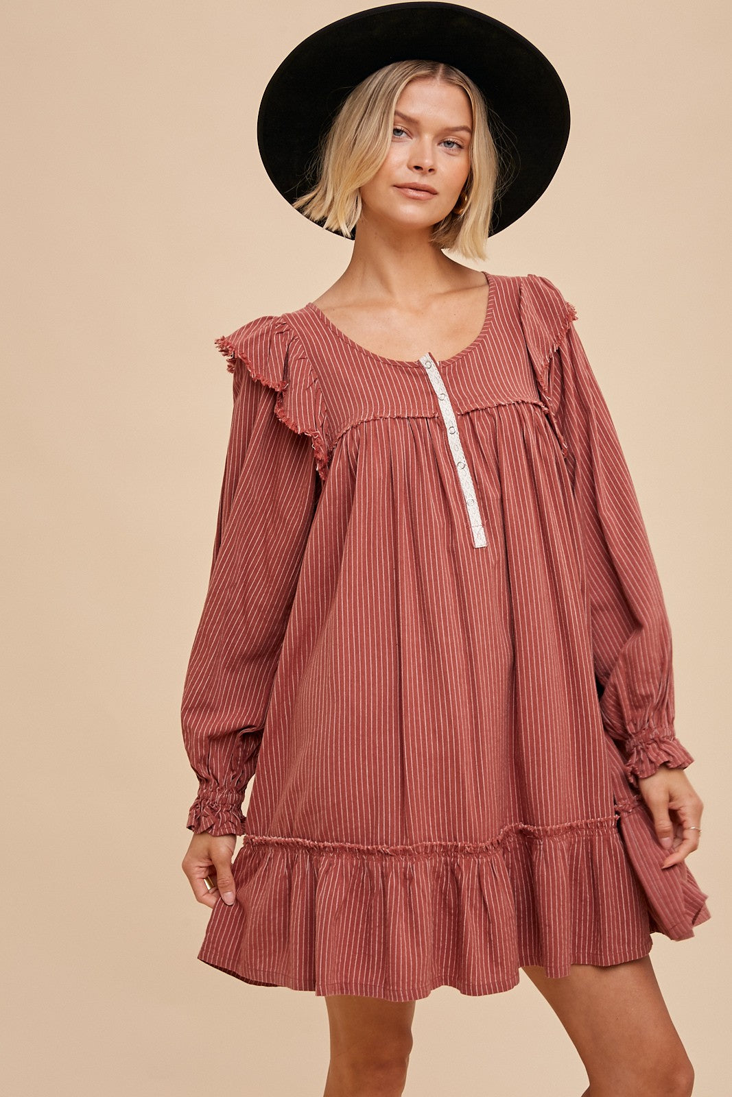 We Don't Long Sleeve Smock Mini Dress in Rust