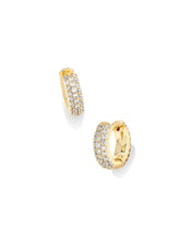 Load image into Gallery viewer, Kendra Scott Boxed Gold Mikki Pave Huggie Earrings in White Crystal