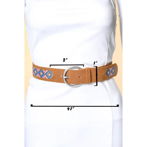 Boho Embroidered Round Buckle Belt Brown