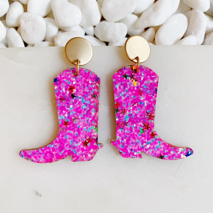 Glittered Up Cowgirl Earrings in Pink