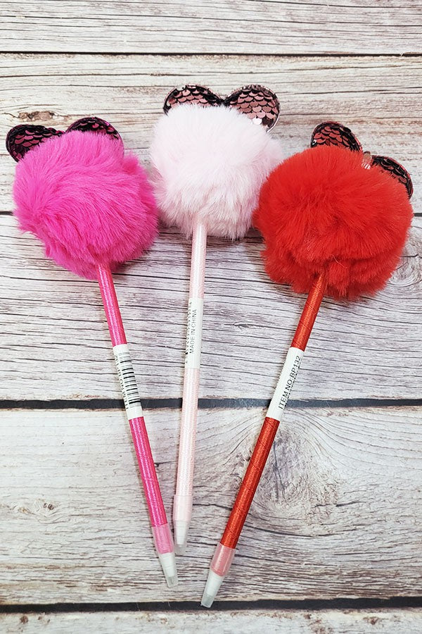Heart Sequin Pom Pom Pen Red