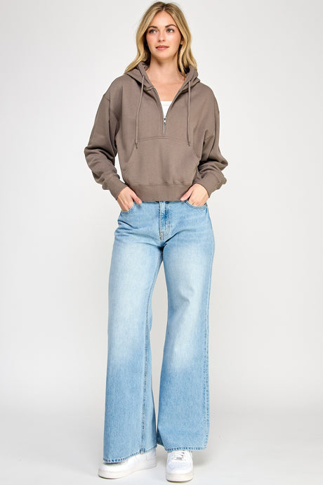 Loving How I Am Living Basic Fleece Half Zip Hoodie in Fossil