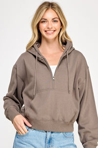 Loving How I Am Living Basic Fleece Half Zip Hoodie in Fossil