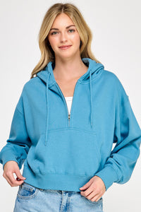 Loving How I Am Living Basic Fleece Half Zip Hoodie in Steel Blue