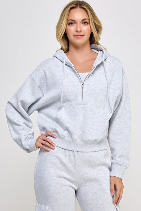 Loving How I Am Living Basic Fleece Half Zip Hoodie in Ice Grey