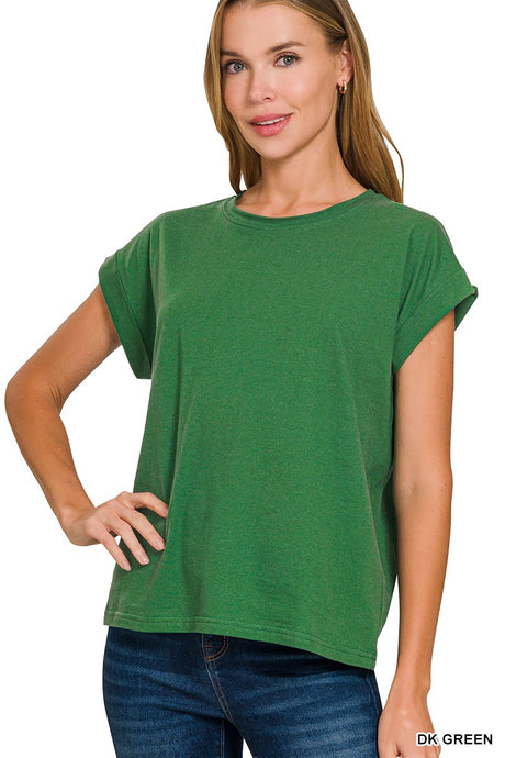 That's Crazy Round Neck Folded SS Top in Dark Green
