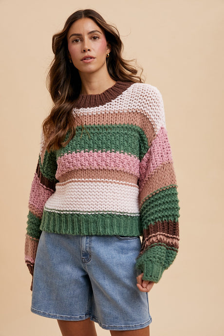 On a Holidate Color Block Stripe Sweater in Pink Multi