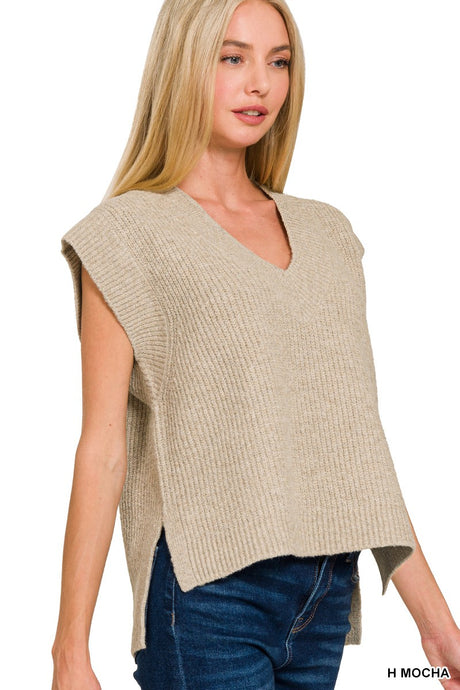 I Need To Know Sweater Vest with Side Slit in Heather Mocha