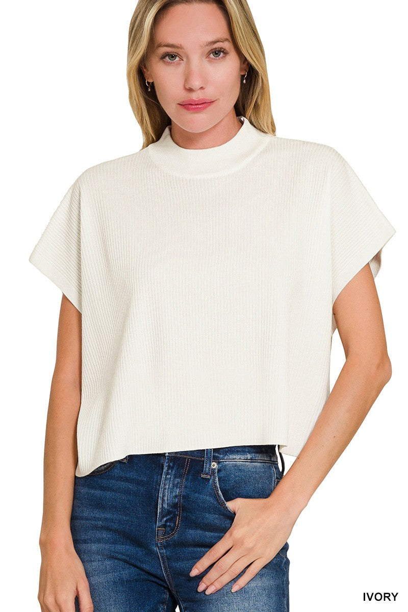 The Way I Feel Mock Neck SS Boxy Sweater Top in Ivory