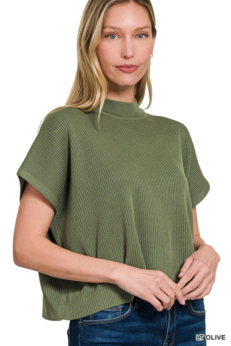 The Way I Feel Mock Neck SS Boxy Sweater Top in Light Olive