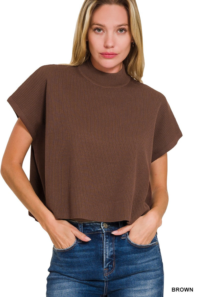 The Way I Feel Mock Neck SS Boxy Sweater Top in Brown