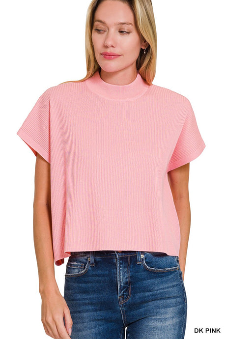 The Way I Feel Mock Neck SS Boxy Sweater Top in Dark Pink