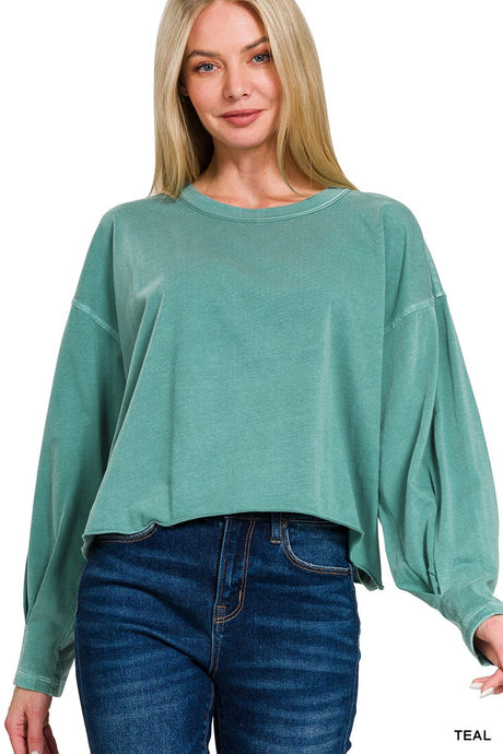 I Need You More Oversized LS Cropped Top in Teal
