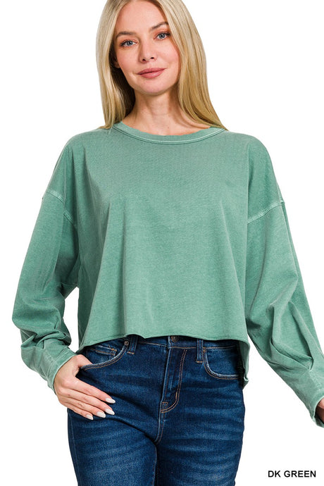 I Need You More Oversized LS Cropped Top in Dk. Green