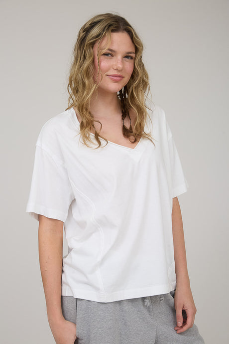 Never Looking Back V-Neck SS Knit Top in White