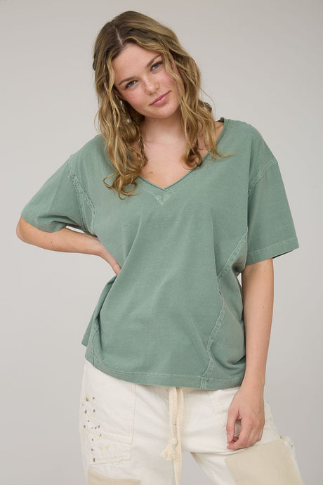 Never Looking Back V-Neck SS Knit Top in Olive