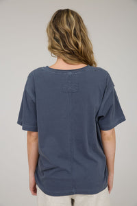 Never Looking Back V-Neck SS Knit Top in Navy