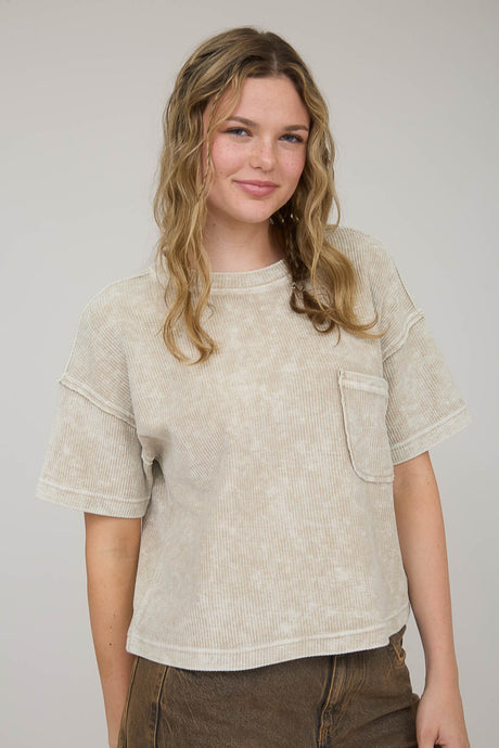 I've Been Everywhere Ribbed SS Top in Khaki