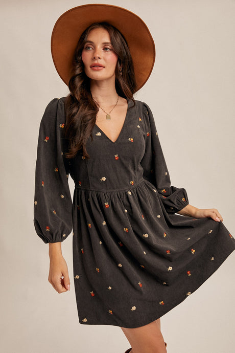 Same As Me Floral Embroidered Corduroy Mini Dress in Charcoal