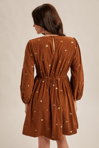 Same As Me Floral Embroidered Corduroy Mini Dress in Mocha