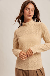 Turned Into Goodbyes Mock Neck LS Lace Top in Beige