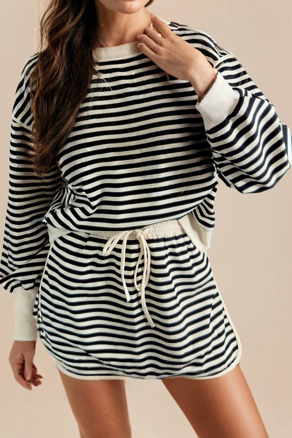 Missy Stripe Textured Pullover Top/Skirt Set in Black