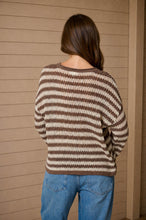 Load image into Gallery viewer, Trying To Find Stripe Split Neck Sheer Knit Sweater in Mocha