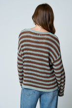 Load image into Gallery viewer, Trying To Find Stripe Split Neck Sheer Knit Sweater in Lt Blue