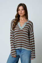 Load image into Gallery viewer, Trying To Find Stripe Split Neck Sheer Knit Sweater in Lt Blue