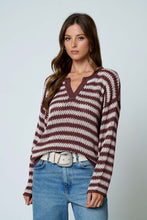 Load image into Gallery viewer, Trying To Find Stripe Split Neck Sheer Knit Sweater