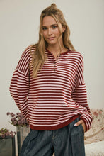 Load image into Gallery viewer, Be Mine Button Henley Stripe LS Sweater in Red