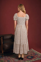 Load image into Gallery viewer, Coming Back Plaid Smocked Puff Sleeve Tiered Midi Dress in Cream