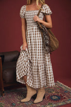 Load image into Gallery viewer, Coming Back Plaid Smocked Puff Sleeve Tiered Midi Dress in Cream