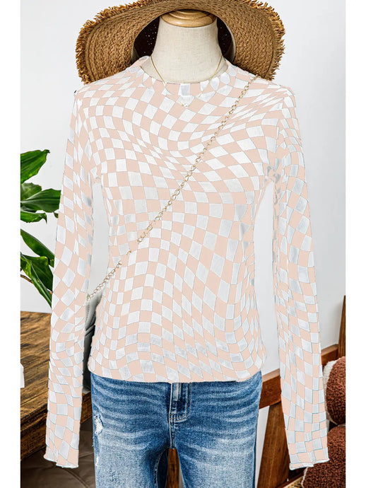 Shouting Out Checkered Mesh Top in Khaki