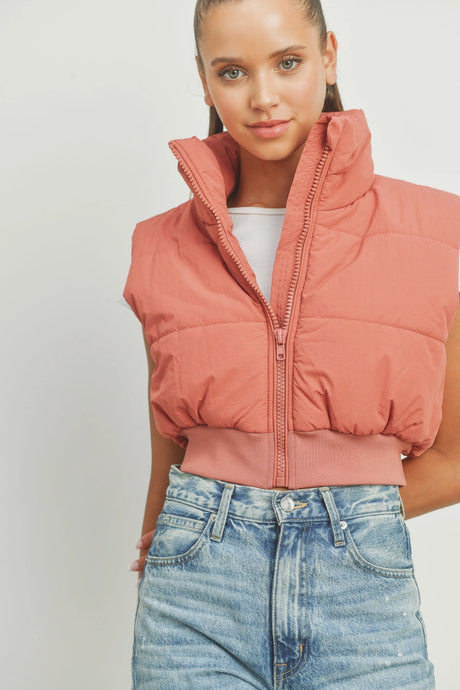 Saying Nothing More Crop Puffer Vest in Marsala