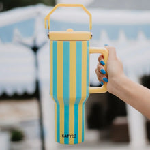 Load image into Gallery viewer, Striped Cabana 38oz Jug Tumbler in Yellow/Aqua