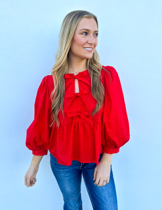 Happy Accidents Bow Peplum 3/4 Sleeve Blouse in Red