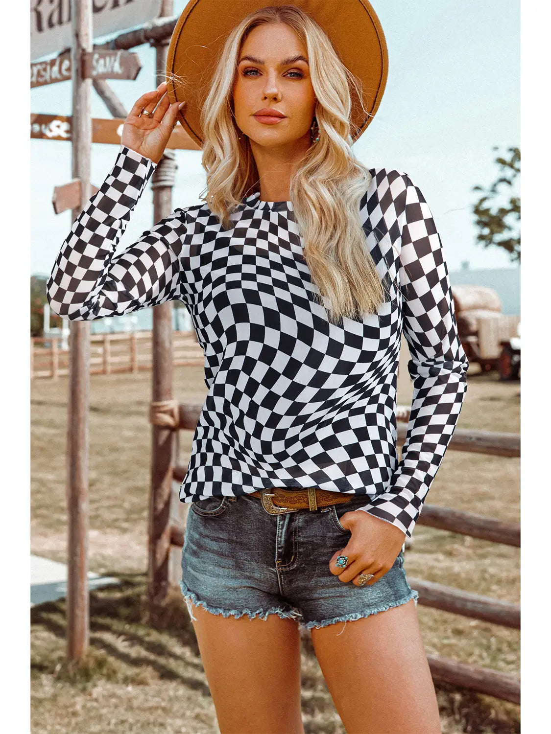Shouting Out Checkered Mesh Top in Black