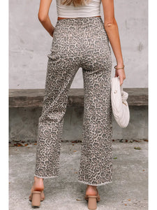 Without You Leopard Frayed Edge Wide Leg High Waist Jeans