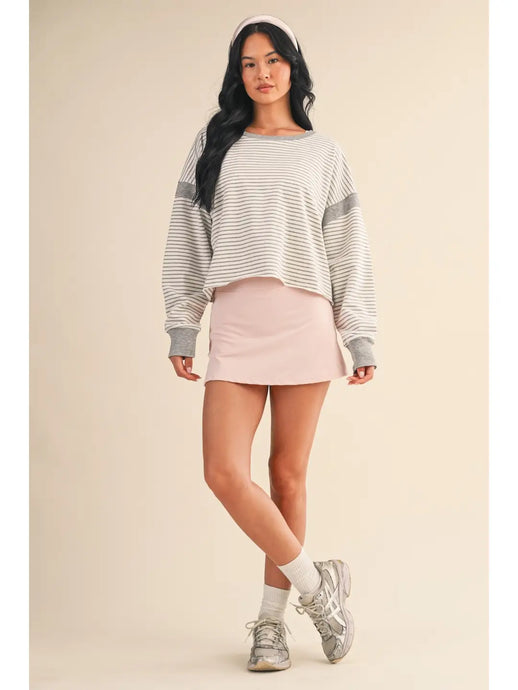 Seems Like Yesterday Striped Cutout Back Sweatshirt in White/Grey