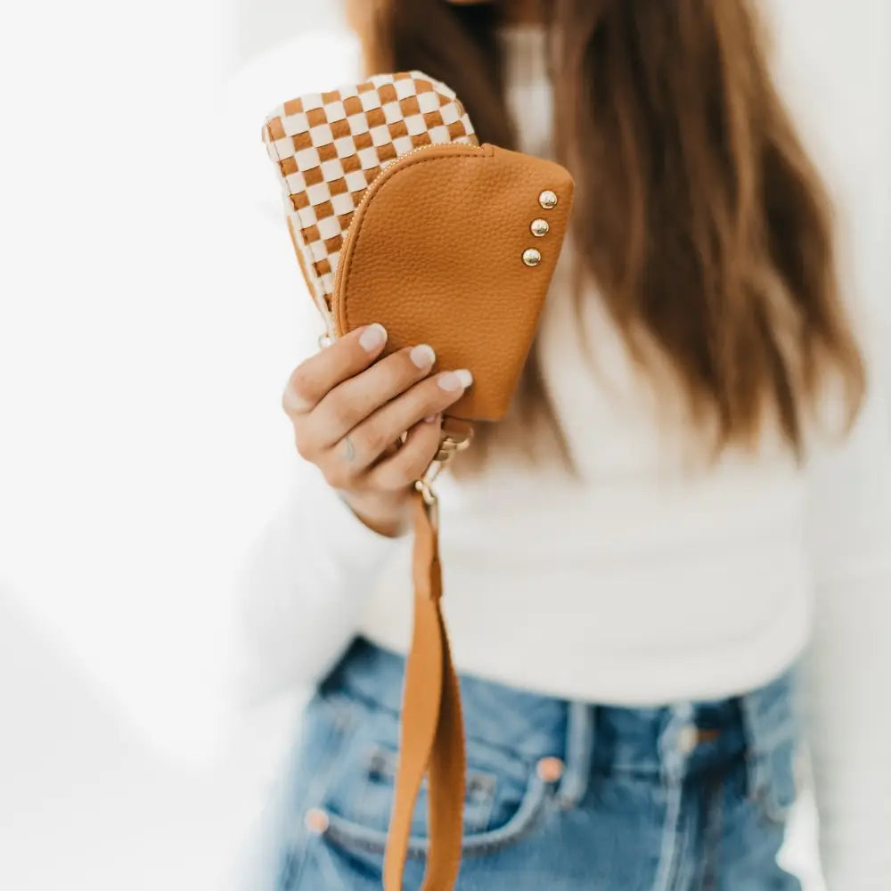 Pretty Simple Wonderlust Woven Dual Pouch Wristlet in Brown Checkered