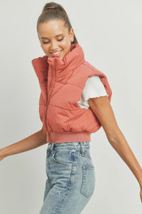 Saying Nothing More Crop Puffer Vest in Marsala