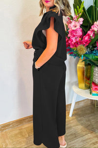 Broken Down Ruffle Top and Pants Set in Black