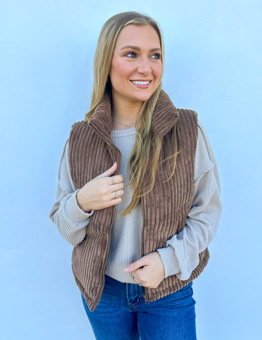 Our Best Bet Padded Corduroy Puffer Vest in Chocolate