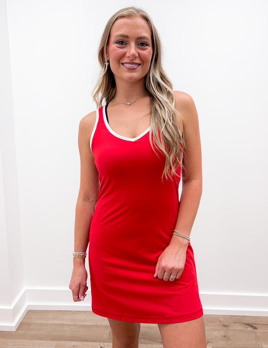 I'm Watching You Tennis Romper Dress in True Red/White