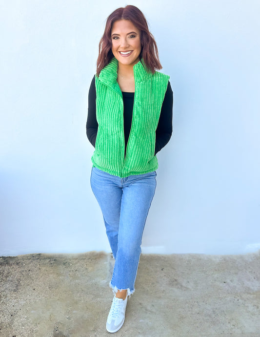 Our Best Bet Padded Corduroy Puffer Vest in Green