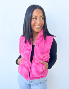 Our Best Bet Padded Corduroy Puffer Vest in Pink