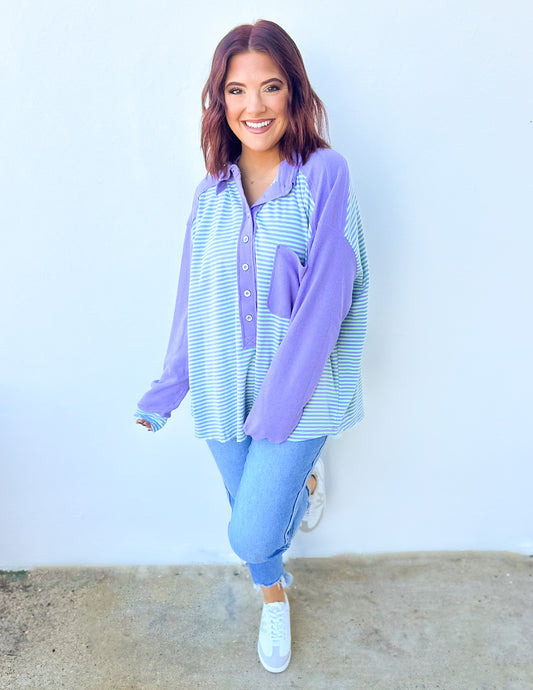 November Nights Striped Henley Top in Lilac